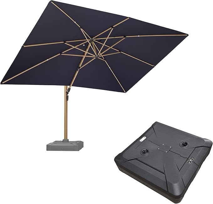 PURPLE LEAF 10‘ x 13’ Rectangle Patio Cantilever Umbrella With Base Large Hanging Umbrella Teak Finished Aluminum Frame Windproof Offset Outdoor Sun Umbrellas for Beach Pool Deck, Navy Blue