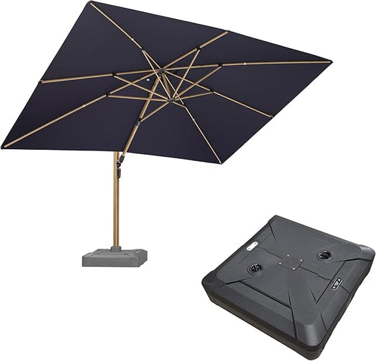 PURPLE LEAF 10‘ x 13’ Rectangle Patio Cantilever Umbrella With Base Large Hanging Umbrella Teak Finished Aluminum Frame Windproof Offset Outdoor Sun Umbrellas for Beach Pool Deck, Navy Blue