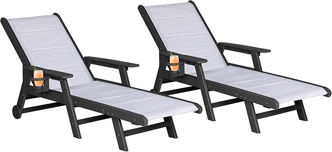 Outdoor Chaise Lounge Chair Set of 2, 5-Position Adjustable Patio Lounge Chair with Wheels & Cup Holder, HDPE Pool Lounge with Textilene Surface for Outside, Poolside (Black+White, 2)