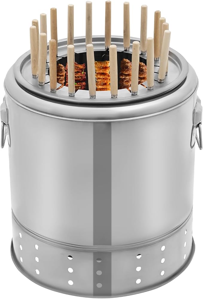 Portable Barbecue Charcoal Barrel Grill, Stainless Steel Surround Charcoal Kebab Grill with 20 Skewers for Travel Camping Picnic Patio Backyard