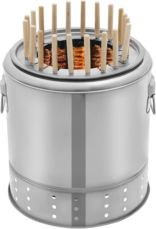 Portable Barbecue Charcoal Barrel Grill, Stainless Steel Surround Charcoal Kebab Grill with 20 Skewers for Travel Camping Picnic Patio Backyard