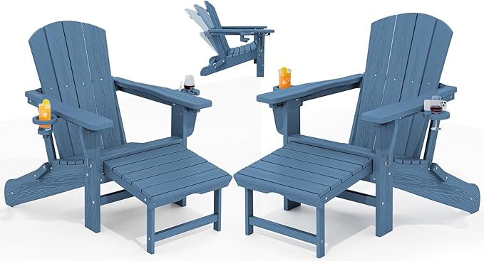 KINGYES Folding Adjustable Adirondack Chairs with Ottoman & 2 Cup Holders Set of 2, HDEP Multifunctional Adirondack Chair with Footrest, Blue