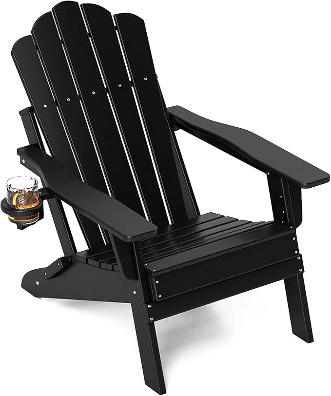 FOOWIN Adirondack Chair, Folding Adirondack Chair with Cup Holder, HDPE All-Weather Fire Pit Chair for Patio, Garden, Backyard, Poolside, Black