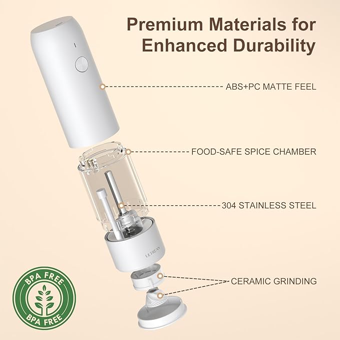 Ultrean Salt and Pepper Grinder Set, Rechargeable Salt and Pepper Shakers, 6 Adjustable Coarseness, LED Light, Automatic Pepper Mill for Kitchen, Christmas Gifts, Black&White