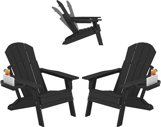 FOOWIN Folding Adjustable Adirondack Chair Set of 2,HDPE Adirondack Chair w/4 in 1 Cup Holder Trays,All-Weather Resistant Fire Pit Chair, Outdoor Chair for Patio Lawn Poolside,400lbs,Black