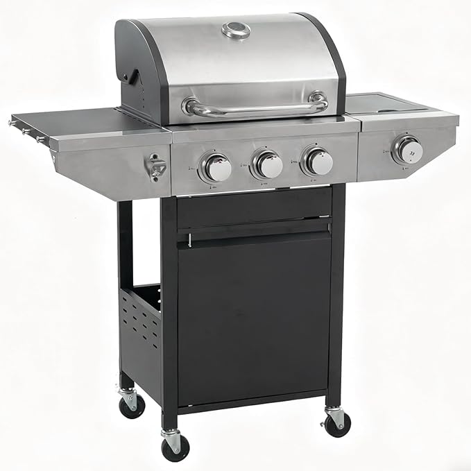 Propane Grill 3 Burner Barbecue Grill Stainless Steel Gas Grill with Side Burner, 37,000 BTU Outdoor Cooking, Patio, Garden Barbecue Grill, Black and Silver