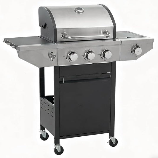 Propane Grill 3 Burner Barbecue Grill Stainless Steel Gas Grill with Side Burner, 37,000 BTU Outdoor Cooking, Patio, Garden Barbecue Grill, Black and Silver