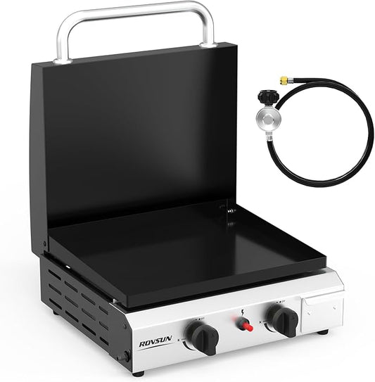 ROVSUN 2 Burner Portable Propane Griddle with Electronic Ignition & Regulator, 20,000 BTU Tabletop Flat Top Gas Grill with Enameled Tray & Lid for Outdoor Cooking Camping BBQ Tailgating Picnicking