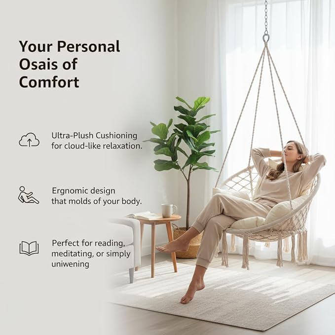 Hammock Hanging Rope Swing Chair with Cushion - Max 330 Lbs, Sturdy Hammock Swinging Chair for Bedroom, Porch, Balcony -White (White1)