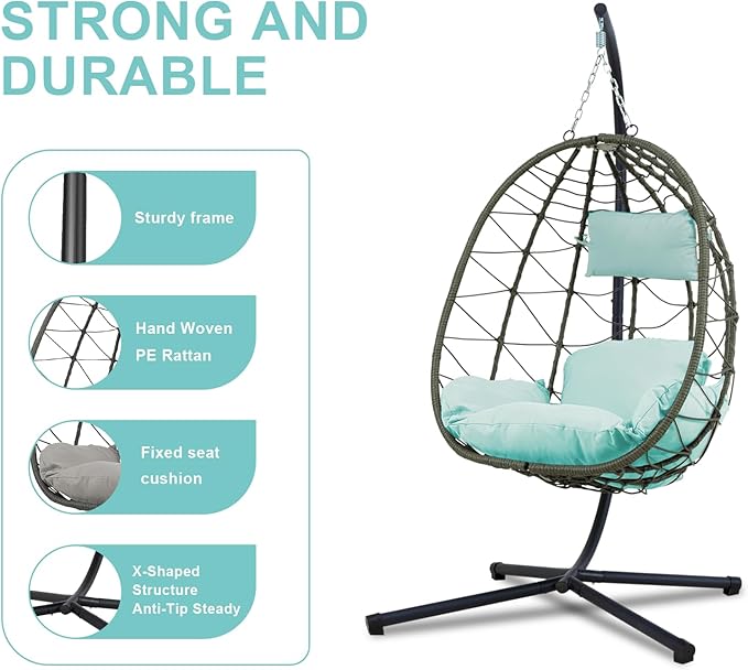 Hanging Egg Chair with Stand Egg Chair Indoor Outdoor, Patio Swing Hammock Egg Chairs, UV Resistant Removable & Washable Thicken Padded Cushions, 350LBS Capacity for Bedroom, Balcony, Garden