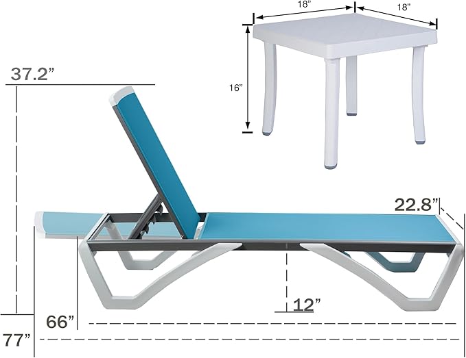 Kozyard Patio Chaise Lounge Chair - Full Flat Alumium & Resin Legs, Outdoor Reclining Adjustable Chair for Sunbathing, Beach, Patio, Lounge Set or Patio Table (Aqua Textilence W/Table)