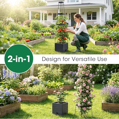 MQFORU 2Pack Raised Garden Bed Planter Boxes with Trellis, 57" Self-Watering Tomato Planter Boxes with Trellis for Climbing Vegetable and Plants, Tomato Cage for Indoor Outdoor Use