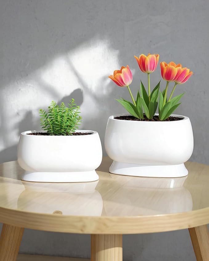 OXART Ceramic Plant pots Indoor Pots Set with Drainage Holes, 12+9 inch Flower Pot Rectangle Planters Pots for Plants for Plants Lilies, Cacti, Succulents, and Pothos, No Trays (White-3)