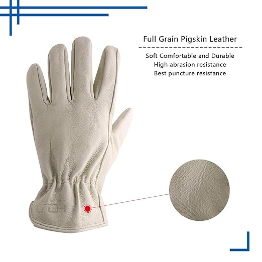 HLDD HANDLANDY 2 Pairs Cowhide Leather Work Gloves with Reinforced Palm for Men & Women (Beige-12pairs, Large (Pack of 12))