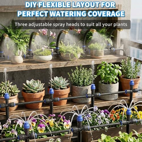 Drip Irrigation System 130FT with 10 Bendable Nozzles, 10 Misting Emitters, 10 8-Outlet Drip Emitters, 1/2 & 1/4 Inch Hoses – Garden Watering & Misting Kit for Yard, Lawn, Greenhouse