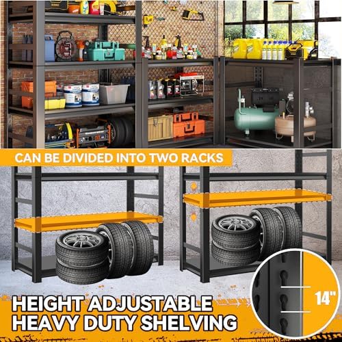 Heavy Duty Metal Garage Shelving Unit, 5 - Tier Adjustable Storage Shelves, 3000LBS for Garage & Basement, Kitchen and Pantry Industrial Steel Rack, Ideal for Tool Organization & Storage, Black,73"H