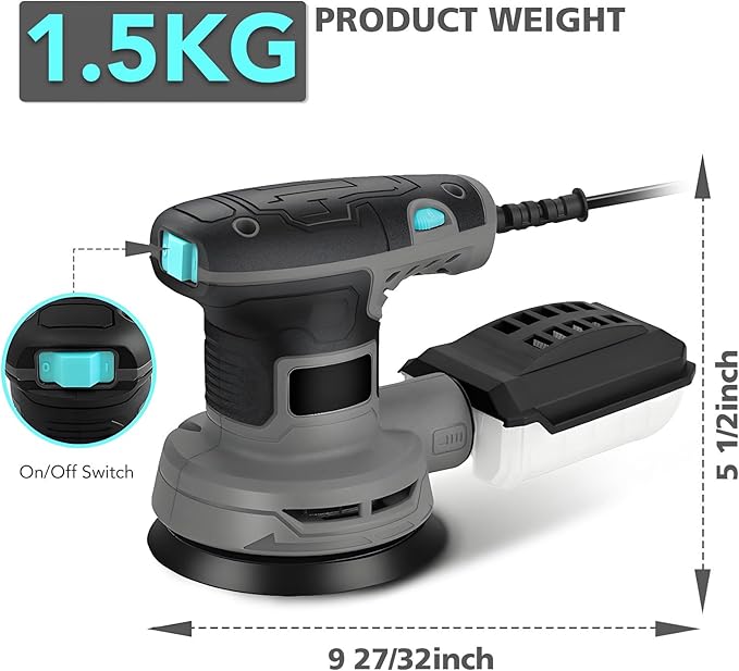 5-Inch Random Orbital Sander, 3Amp Electric Palm Sander with 6-Speed Control, Dust Collector & 16 Sandpapers for Woodworking, Sanding and Polishing Wood/Metal Surfaces