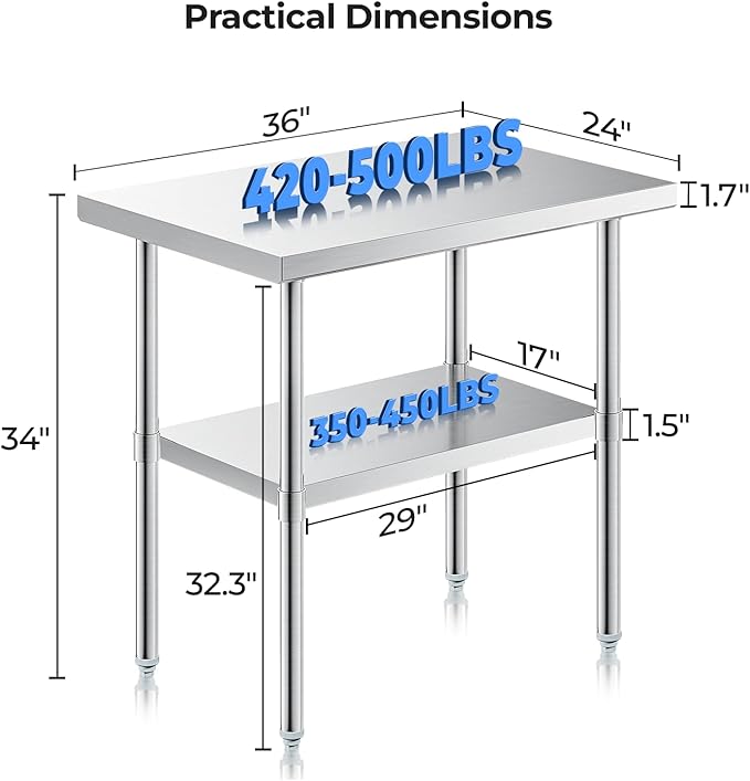 NUUK Stainless Steel Grill Work Table 24" x 36" Heavy Duty Commercial Workstation Adjustable Height Kitchen Food Prep Worktable for Restaurant, Home and Hotel