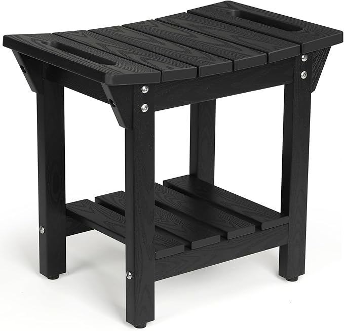 Stoog Shower Bench, Waterproof Shower Stool with Storage Shelf and Handles, Adjustable and Non-Slip Feet (Black, 18.6")
