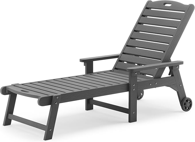 LUE BONA Outdoor Chaise Lounge, 79'' Oversized HDPS Chaise Lounger, 5 Positions Adjustable Lounge Chairs, Pool Lounge Chair with Wheels for Poolside, Backyard, 3 Year Warranty, Dark Gray