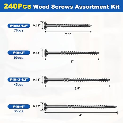 240Pcs Deck Screws, #10 Wood Screws Assortment Kit, 4Sizes Assorted Screw Set, Rust Resistant Torx Screws with Flat Head, Black Screw Kit for Woodworking Projects, Star Bit Included