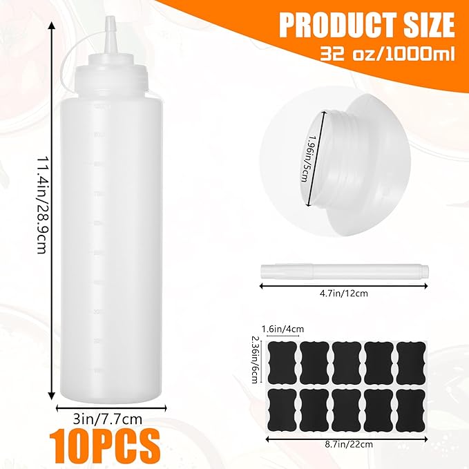 10 Pcs 32 oz Plastic Squeeze Bottles Clear Large Condiment Squeeze Bottles for Sauces Pancake Ketchup Syrup Squirt Condiment Dispenser with Caps Restaurant with 10 Stickers and 1 Pen