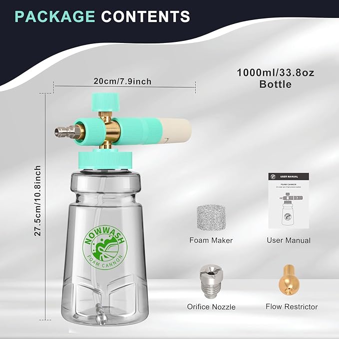 Foam Cannon with Foam Economizer for Pressure Washer, Soap Cannon with 1/4" Quick Connect & Adjustable Nozzle for Car Wash, Universal Fit for Most Liquid Bottles, Additional 1.1 mm Orifice Nozzle