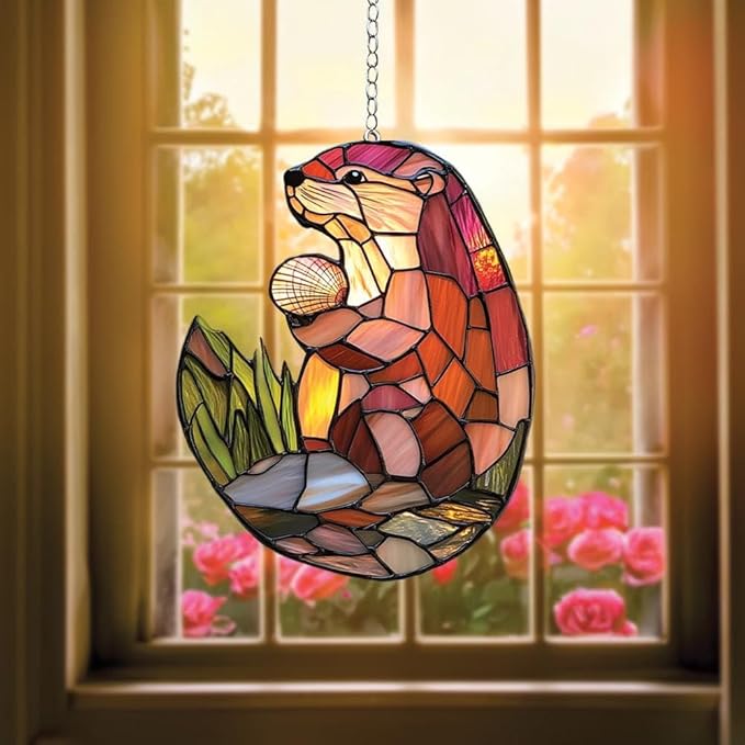 Otter Lovers Christmas Ornament Wildlife Suncatcher Design Window Hanging Acrylic Stained Glass Effect Art Boho Garden Decor Unique Gift for Mom Thanksgiving