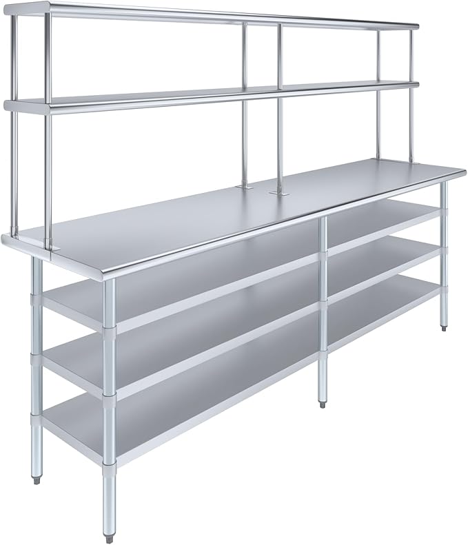 Amgood 24" x 96" Stainless Steel Work Table with 3 Shelves and 12" Wide Double Tier Overshelf | Metal Kitchen Prep Table & Shelving Combo | NSF