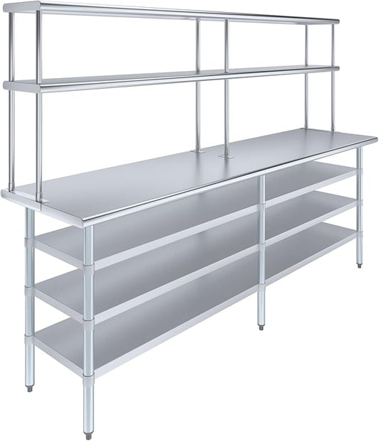 Amgood 24" x 96" Stainless Steel Work Table with 3 Shelves and 12" Wide Double Tier Overshelf | Metal Kitchen Prep Table & Shelving Combo | NSF