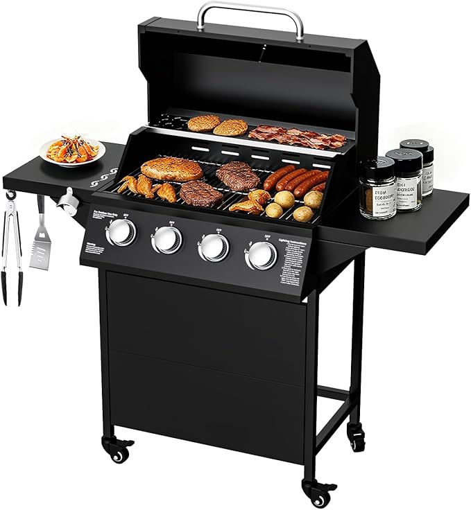 4 Burner Propane Gas Grill with Wheels, 40,000 BTU Output Outdoor BBQ Gas Grill with Side Tables for Backyard,Camping & Outdoor Cooking,Easy Assembly(Black)