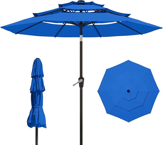 9FT 3 Tiers Patio Umbrella With Auto Tilt and Crank, Outdoor Table Market Umbrella with 8 Sturdy Ribs for Garden,Lawn,Deck,Backyard and Pool,Royal Blue