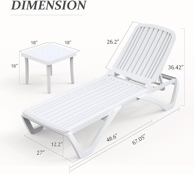 Domi Outdoor Chaise Lounge Chairs Set of 2 with Side Table, Aluminum Poolside Lounge Chairs for Outside with 5 Position Adjustable Backrest and Wheels for Beach, Yard, Poolside, White