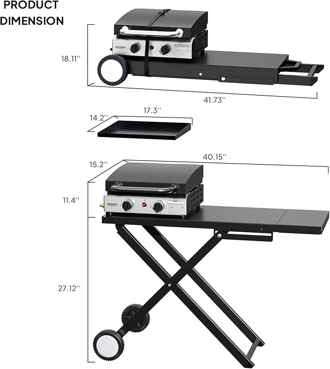 ROVSUN 20000 BTU Foldable Flat Top Gas Grill with Cart, Enameled Tray & Lid, 2 Burner Portable Rolling Propane Griddle with Electronic Ignition & Regulator for Outdoor Cooking Camping BBQ Tailgating