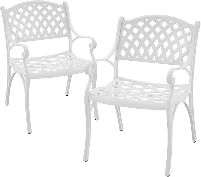 2 Pieces Outdoor Bistro Dining Chairs Cast Aluminum Patio Bistro Chair with Armrest,Outdoor Furniture Set Bistro Chairs,Metal Patio Dining Chair for Garden,White