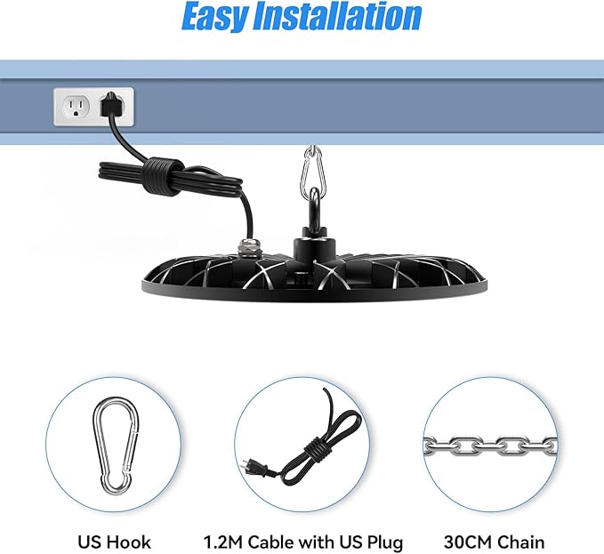 Zelvia D5 Series Led High Bay Light 6000K Daylight White LED Commercial High Bay Light Commercial High Bay Lighting with 1.2M Cable Plug Workshop Light Garage Light (2, 200W)