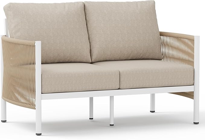 Aluminum Outdoor Patio Couch Loveseat, HDPE Rope Patio Sofa with Washable Thick Cushion, All-Weather Patio Furniture for Balcony, Yard, White Frame, Ivory