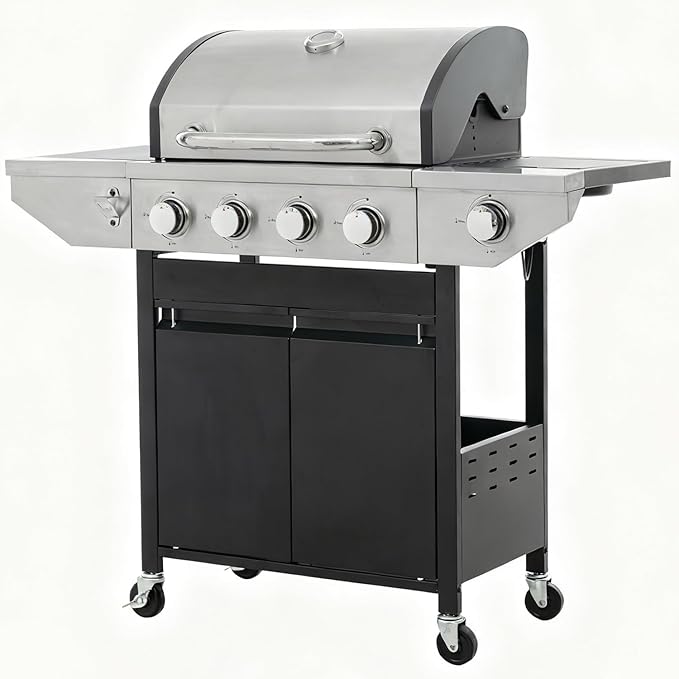 Propane Grill 4 Burner Barbecue Grill Stainless Steel Gas Grill with Side Burner, 46,500 BTU Outdoor Cooking, Patio, Garden Barbecue Grill, Black and Silver