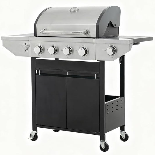 Propane Grill 4 Burner Barbecue Grill Stainless Steel Gas Grill with Side Burner, 46,500 BTU Outdoor Cooking, Patio, Garden Barbecue Grill, Black and Silver