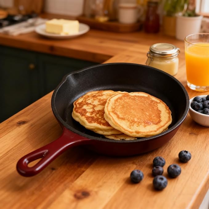 Commercial Grade, Cast Iron Enameled Cookware (Dark Red, Skillet 6”)