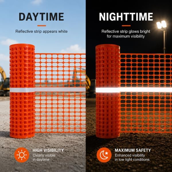 Reflective Plastic Mesh Fence, Night Visible Barrier with Zip Ties, Orange