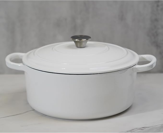 Commercial Grade, Cast Iron Enameled Cookware Duch Oven 7qt, White
