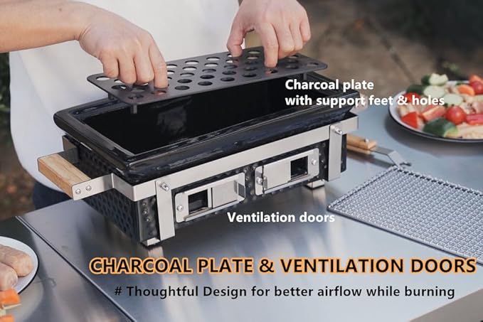 Charcoal BBQ Hibachi Grill with Grid Lifter, Portable Yakitori Grill with Stainless Steel Grate, Barbecue Stove for Outdoor Camping Picnic Patio Backyard Cooking, GS306