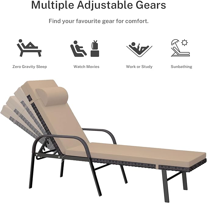 Patio Chaise Lounge Set 3 Pieces Pool Lounge Chairs,Cushioned Outdoor Folding Lounge Chair w/Arm and Rattan Adjustable Backrest for Poolside Porch,Folding Table Included,Sand