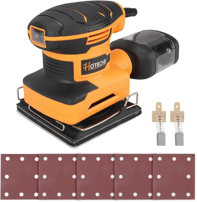 Hoteche 240W 110x100mm Palm Sander – Powerful Orbital Electric Sander with Dust Collection Box, Ergonomic Grip, Variable Speed for Wood, Metal, Paint Surface Finishing