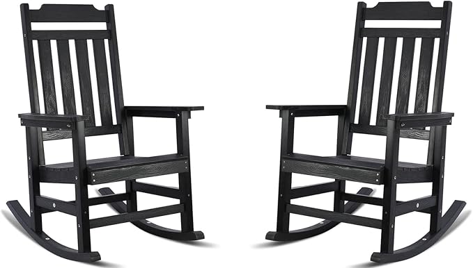 Rocking Chairs Set of 2, All Weather Resistant Poly Lumber Outdoor Porch Rocker, Rocking Chairs for Outdoor, Indoor, Patio, Deck, Garden, Backyard, Load Bearing 380 lbs - Black