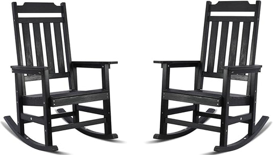 Rocking Chairs Set of 2, All Weather Resistant Poly Lumber Outdoor Porch Rocker, Rocking Chairs for Outdoor, Indoor, Patio, Deck, Garden, Backyard, Load Bearing 380 lbs - Black