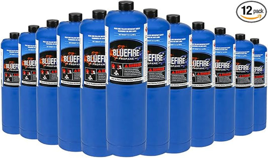 Pack of 12,BLUEFIRE Standard Propane Gas Cylinder Canister Welding Brazing Soldering Fuel Gas for HVAC Plumbing Cooking Grilling and Camping 1 lb Small Propane Tank for Propane Torch Head Weed Torches