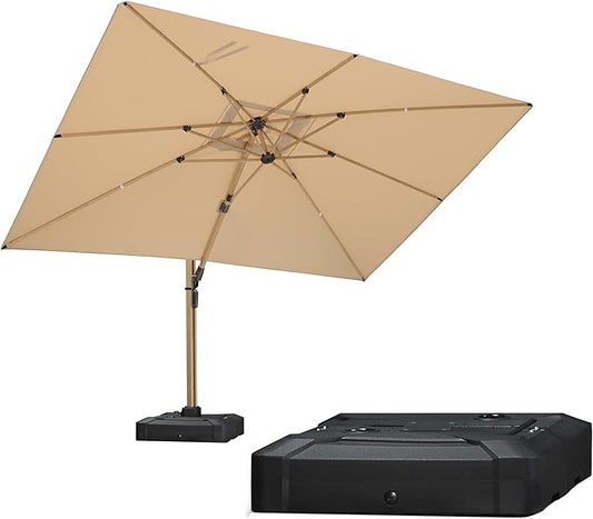 PURPLE LEAF 9' x 12' Rectangle Patio Cantilever Umbrella With Base Large Hanging Umbrella Teak Finished Aluminum Frame Windproof Offset Outdoor Sun Umbrellas for Beach Pool Deck, Beige