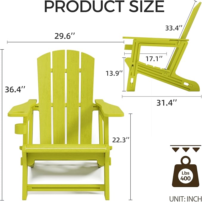 FONTOI Adirondack Chair，Plastic Outdoor Chairs Without Screws Install，Patio Adirondack with Cup Holder，400 LBS Capacity Recliner Chair Garden Chair for Backyard Lawn Beach Yellow